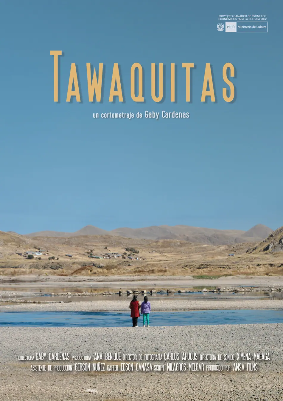 Afiche oficial del cortometraje Tawaquitas: dos niñas de espaldas frente al lago